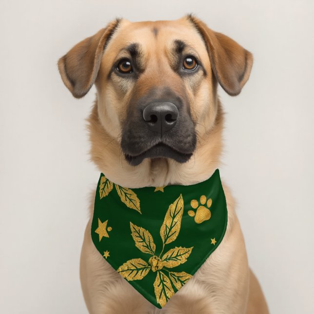Elegant Christmas Dog Bandana – Gold & Green Holly Pet Bandana Collar (Dog 2)