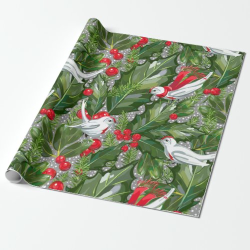 Elegant Christmas Doves  Holly Wrapping Paper