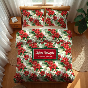 Elegant Christmas Duvet Red Green Floral Design