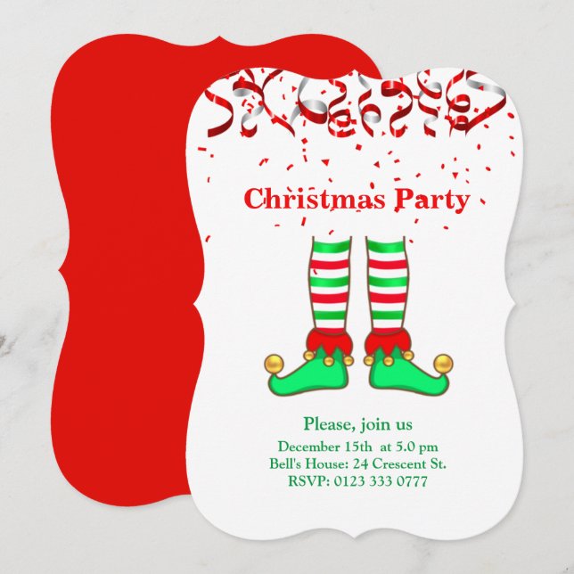 Elegant Christmas elf on red & white Invitation (Front/Back)