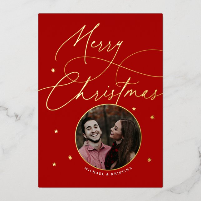 Elegant Christmas Engagement Calligraphy Photo Foil Holiday Card (Front)