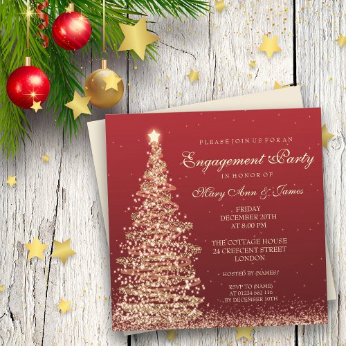 Elegant Christmas Engagement Party Red Gold Invitation