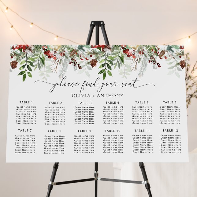 Elegant Christmas evergreen wedding seating chart Foam Board (In Situ (Stand))