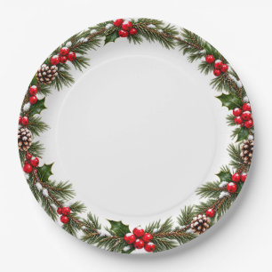 Elegant Christmas Evergreen Wreath Red Berries Paper Plates