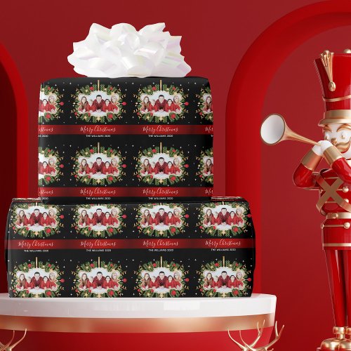 Elegant Christmas Family Photo Black Red Custom Wrapping Paper