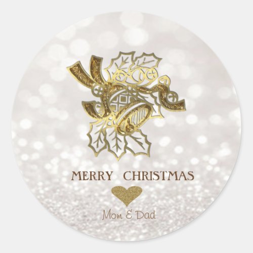 Elegant Christmas Fayu Gold BellGlittery Bokeh Classic Round Sticker