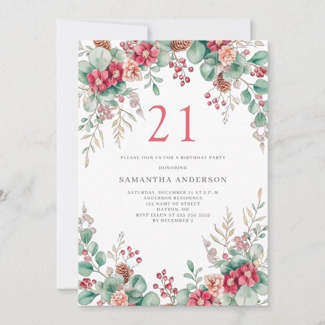 Elegant Christmas Floral 21st Birthday Party  Invitation (Front)