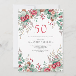 Elegant Christmas Floral 50th Birthday Party Invitation