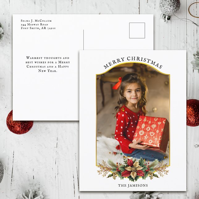 Elegant Christmas Floral Arched Photo Holiday Postcard (Creator Uploaded)