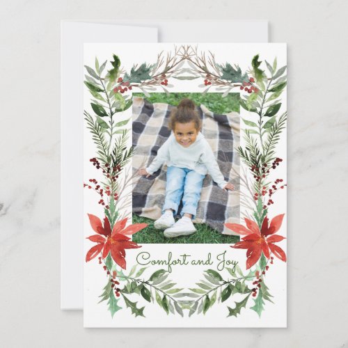 Elegant Christmas Floral Comfort  Joy Photo  Holiday Card