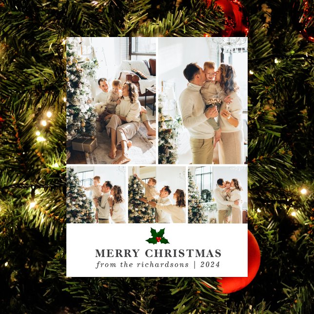 Elegant Christmas Floral Family Photo Collage Holiday Postcard (Creator Uploaded)