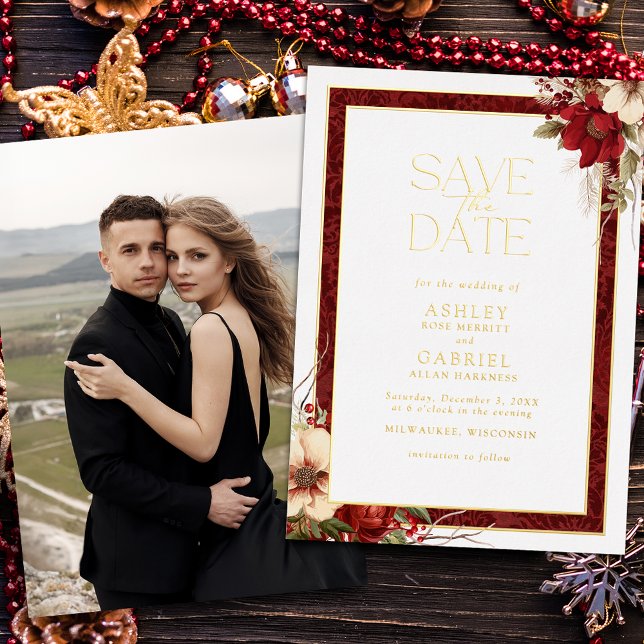 Elegant Christmas Floral Foil Save the Date Foil Invitation (Creator Uploaded)