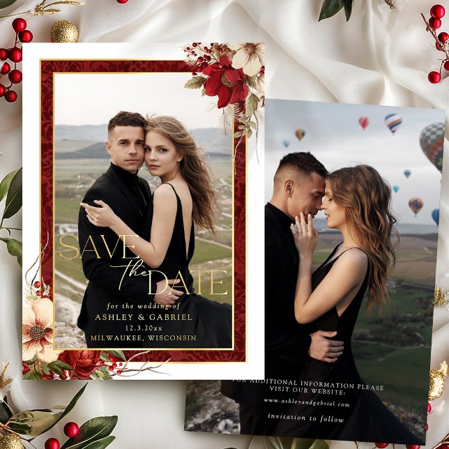 Elegant Christmas Floral Foil Save the Date Invitation (Creator Uploaded)