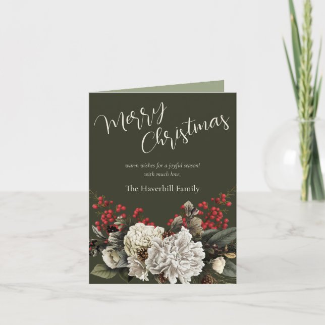 Elegant Christmas Floral Green Folded Holiday Card (Front)