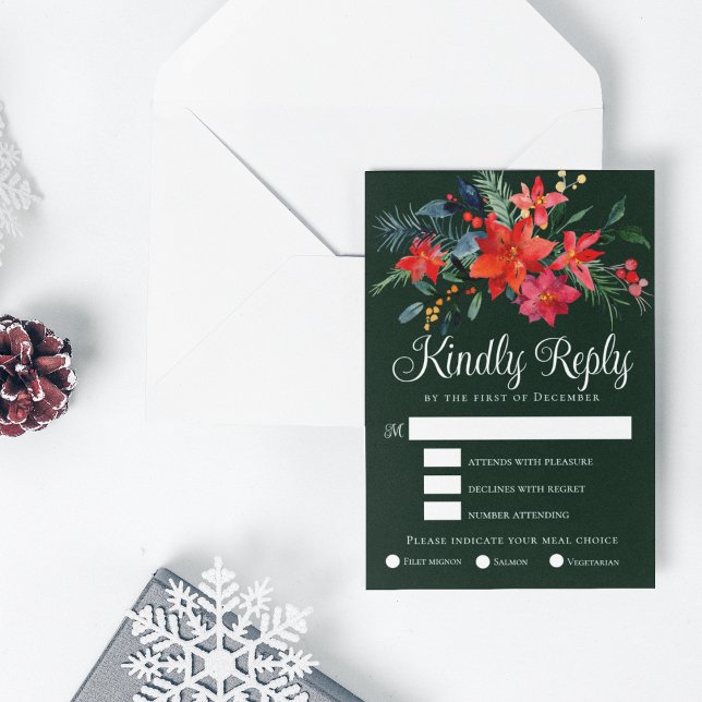 Elegant Christmas Floral Green Wedding RSVP Card (Creator Uploaded)