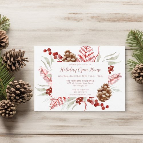 Elegant Christmas Floral Holiday Open House  Invitation