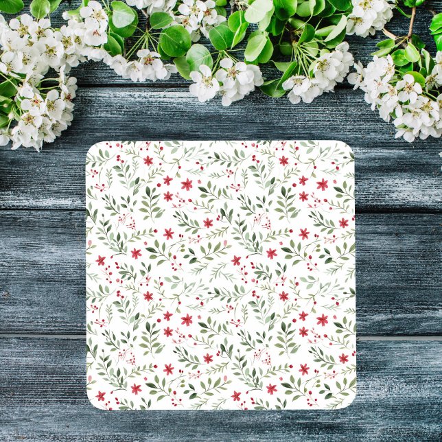 Elegant Christmas Floral Minimalist Pattern  Glass Coaster (Elegant Christmas Floral Minimalist Pattern Glass Coaster with blue wood and white flowers)