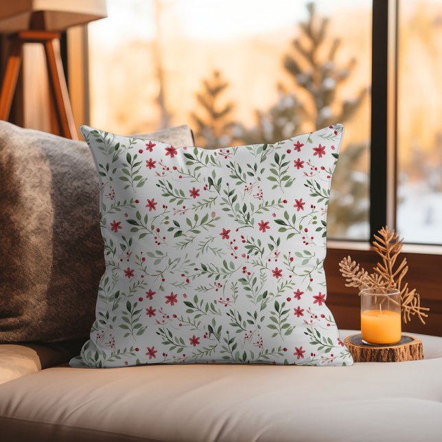 Elegant Christmas Floral Minimalist Pattern  Throw Pillow (Elegant Christmas Floral Minimalist Pattern Throw Pillow - Red and Green Flowers)