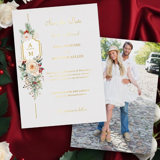 Elegant Christmas Floral Monogram Save the Date Foil Invitation (Creator Uploaded)