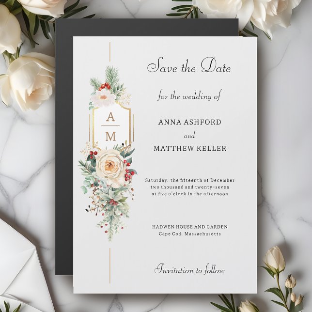 Elegant Christmas Floral Monogram Save the Date Magnetic Invitation (Creator Uploaded)