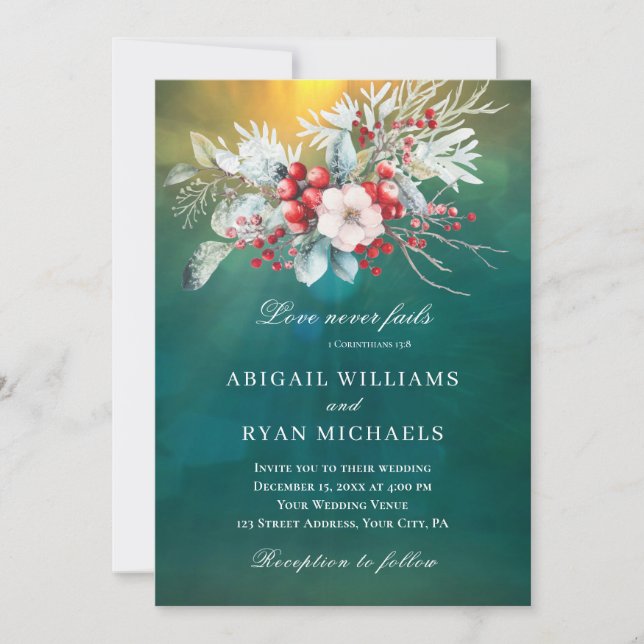 Elegant Christmas Floral on Green Modern Wedding Invitation (Front)