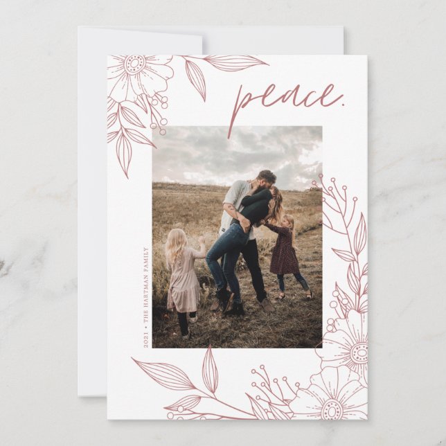 Elegant Christmas Floral Peace Blush Photo Holiday Card (Front)