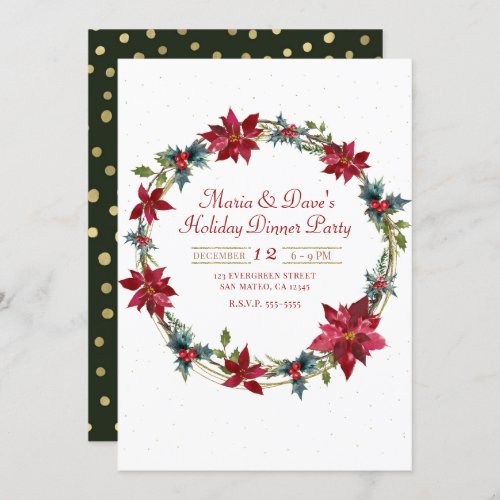 Elegant Christmas Floral Poinsettia Holiday Dinner Invitation