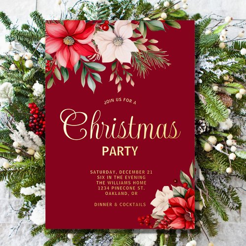 Elegant Christmas Floral Poinsettia Holiday Party Foil Invitation