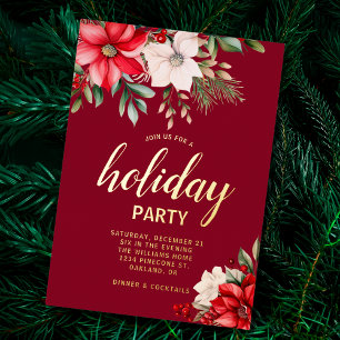 Elegant Christmas Floral Poinsettia Holiday Party Foil Invitation