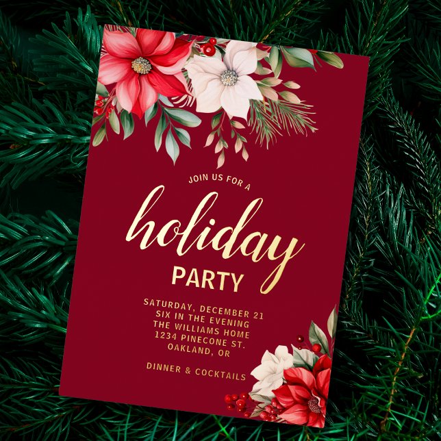 Elegant Christmas Floral Poinsettia Holiday Party Foil Invitation (Creator Uploaded)