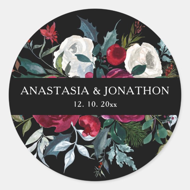 Elegant Christmas Floral Rose Holiday Wedding  Classic Round Sticker (Front)
