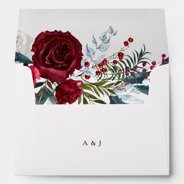 Elegant Christmas Floral Rose Holiday Wedding  Envelope (Back (Bottom))