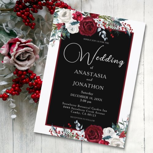 Elegant Christmas Floral Rose Holiday Wedding  Invitation