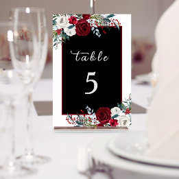 Elegant Christmas Floral Rose Holiday Wedding Table Number