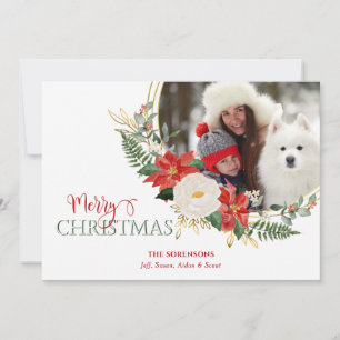 Elegant Christmas Floral w/Calligraphy Photo Holiday Card