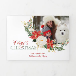 Elegant Christmas Floral w/Calligraphy Photo Tri-Fold Holiday Card