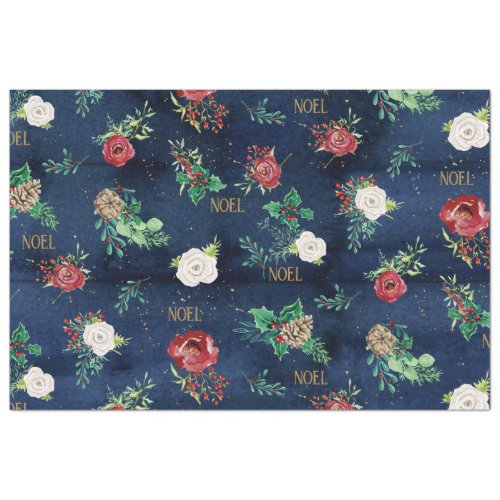 Elegant Christmas Floral w Noel Gold Glitter Navy Tissue Paper