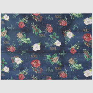 Elegant Christmas Floral w Noel Gold Navy Wood Tissue Paper