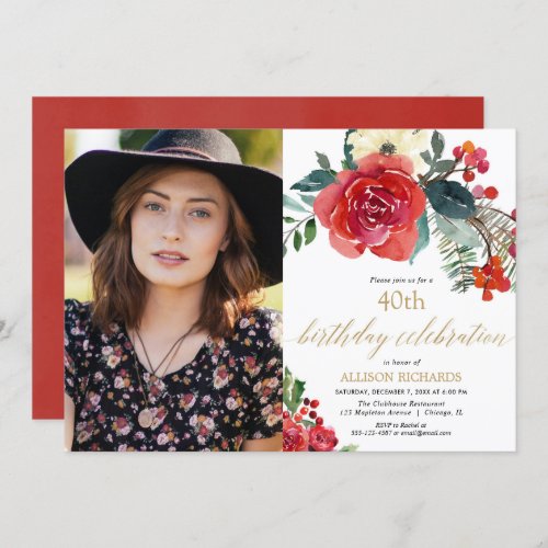 Elegant christmas floral watercolor photo birthday invitation