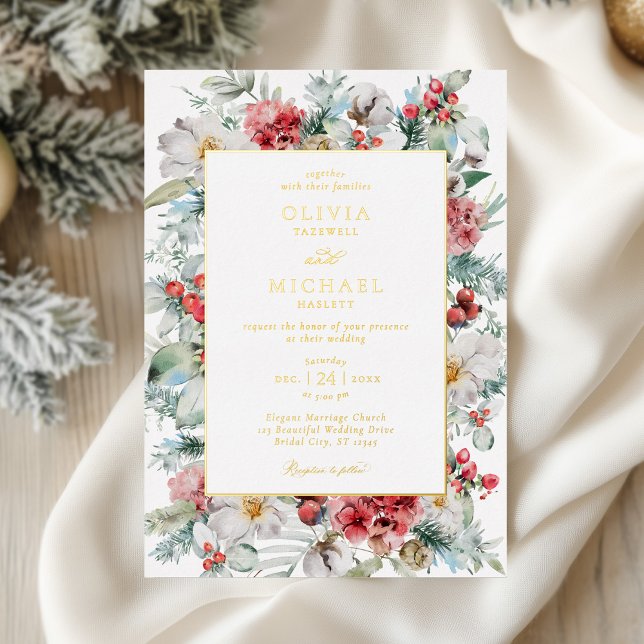 Elegant Christmas Floral Winter Wedding Foil Invitation (Creator Uploaded)