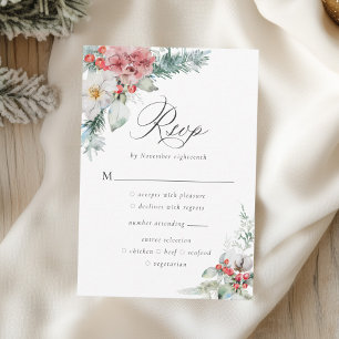 Elegant Christmas Floral Winter Wedding RSVP Card