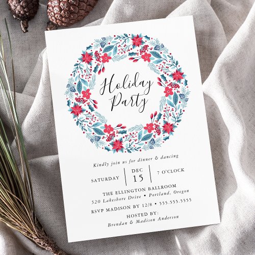 Elegant Christmas Floral Wreath Holiday Party Invitation