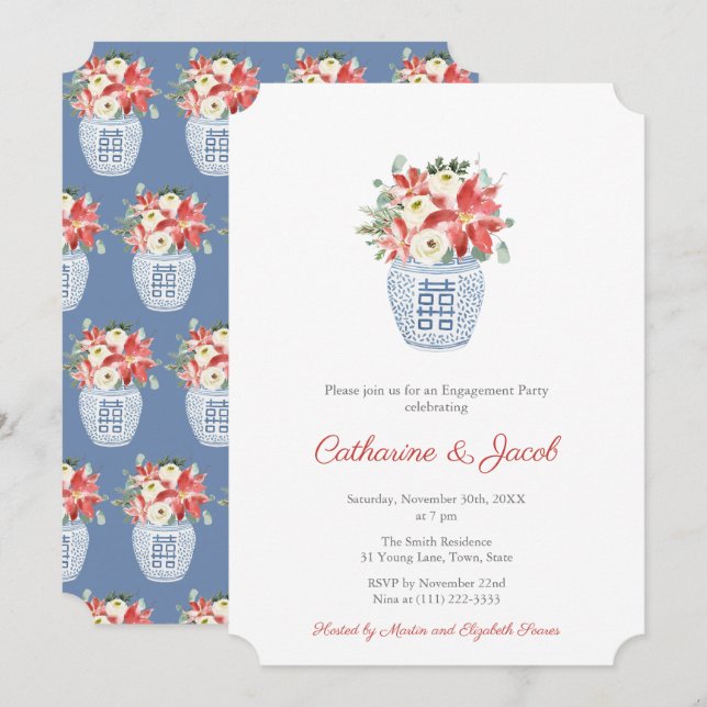 Elegant Christmas Flowers And Greenery Engagement Invitation (Front/Back)