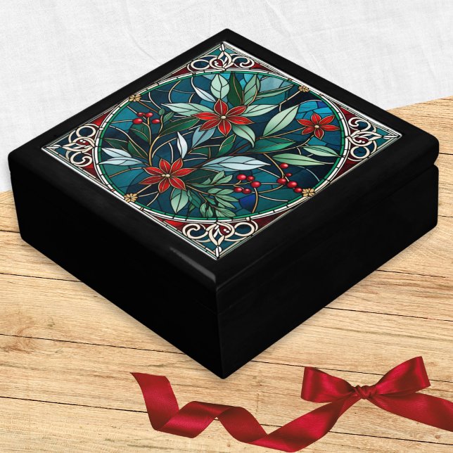 Elegant Christmas Flowers Berries Leaves Red Green Gift Box (A pretty Christmas gift box with an elegant poinsettia design)