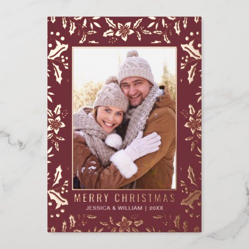 Elegant Christmas Foliage 2 Photo Rose Gold Foil Holiday Card