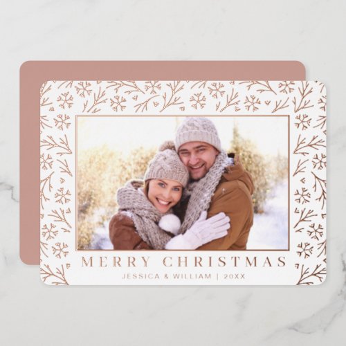 Elegant Christmas Foliage 2 Photo Rose Gold Foil Holiday Card