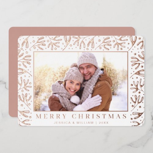 Elegant Christmas Foliage 2 Photo Rose Gold Foil Holiday Card