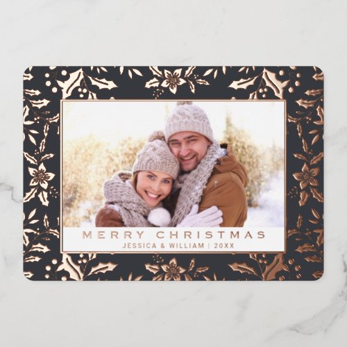 Elegant Christmas Foliage 2 Photo Rose Gold Foil Holiday Card