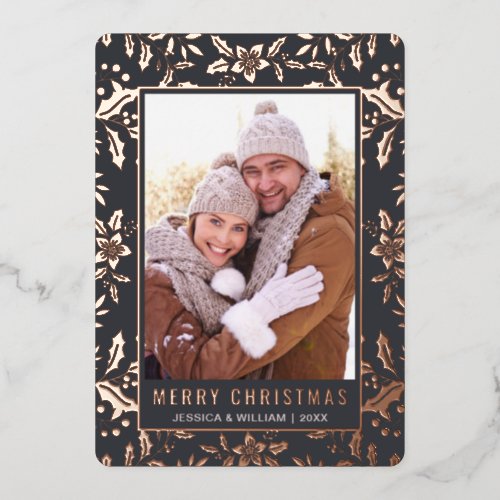 Elegant Christmas Foliage 2 Photo Rose Gold Foil Holiday Card