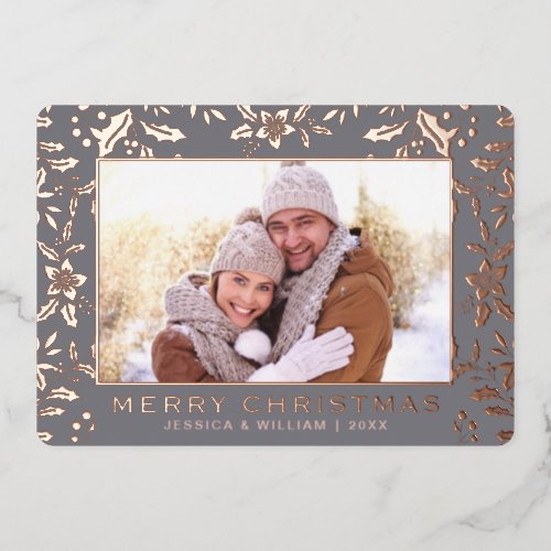 Elegant Christmas Foliage 2 Photo Rose Gold Foil Holiday Card